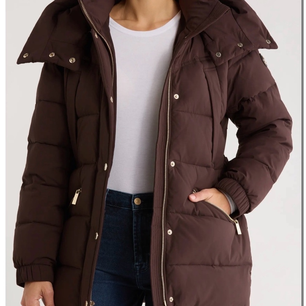 Michael Kors Belted Channel Quilted Hooded Puffer Coat